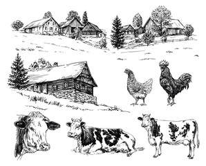 Sticker - Farm, cows, rural houses. Hand drawn set.