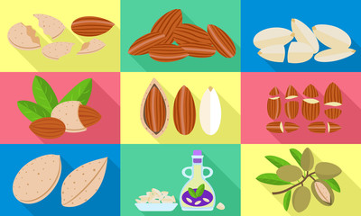 Poster - Almond icons set. Flat set of almond vector icons for web design
