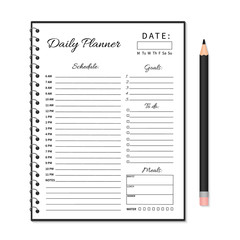 Daily planner template. Blank white notebook page with pencil isolated on white. Organizer page. Paper sheet. Stationery for education, office, life planning. Realistic vector illustration.