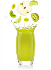 Wall Mural - mixed green fruit falling into a splashing juice glass isolated on white