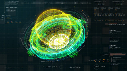 Fototapete - Futuristic graphic user interface head up display screen with digital holographic Nuclear Fusion energy simulator 3D illustration for digital background