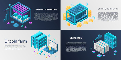 Poster - Mining farm banner set. Isometric set of mining farm vector banner for web design