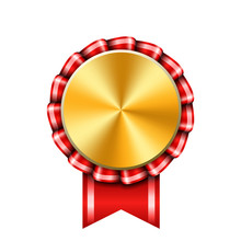 Award Ribbon Gold Icon. Golden Red Medal Design Isolated On White Background. Symbol Of Winner Celebration, Best Champion Achievement, Success Trophy Seal. Blank Rosette Element. Vector Illustration
