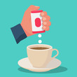 Hand with box sweetener tablets. Cup of tea or coffee. Artificial sugar. Pills stevia fall into the drink. Vector illustration flat design. Isolated on background.