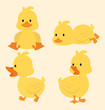 Cute yellow ducks cartoon set