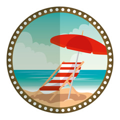 Sticker - circular frame with summer beach and umbrella and chair