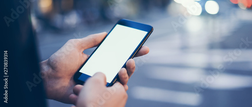 Cuadros en Lienzo Closeup image of male hand holding smartphone with blank screen