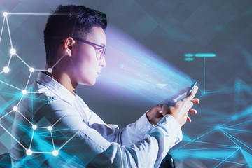 Poster - Asian businessman using facial recognition