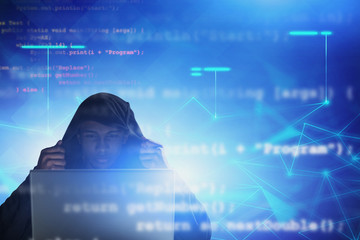 Poster - Young hacker looking at laptop, id theft