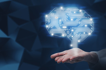Poster - Man hand holding brain hologram, AI concept