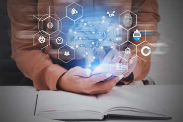 Poster - Woman with phone in office, AI concept