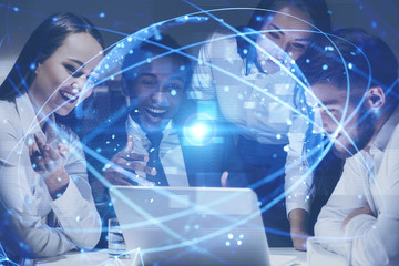 Poster - Happy business team in office, digital world