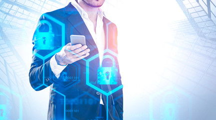 Poster - Man with phone in city, online security