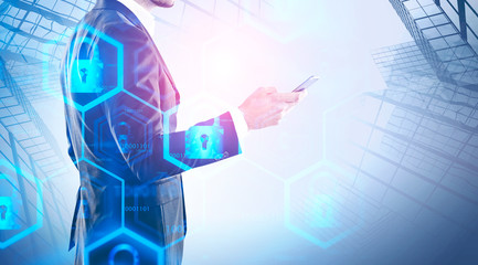 Poster - Side view of man with phone, online security