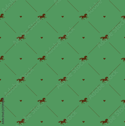 Fotografía Vector seamless pattern of brown horse silhouette with heart isolated on green b