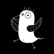 Cute Cartoon Hand Drawn Summer Bird Silhouette Of Funny Bird. Sweet Vector Black And White Summer Bird Silhouette. Isolated Monochrome Doodle Summer Bird Silhouette On Black Background.