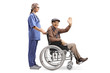 Female nurse pushing a senior patient sitting in a wheelchair and greeting with hand
