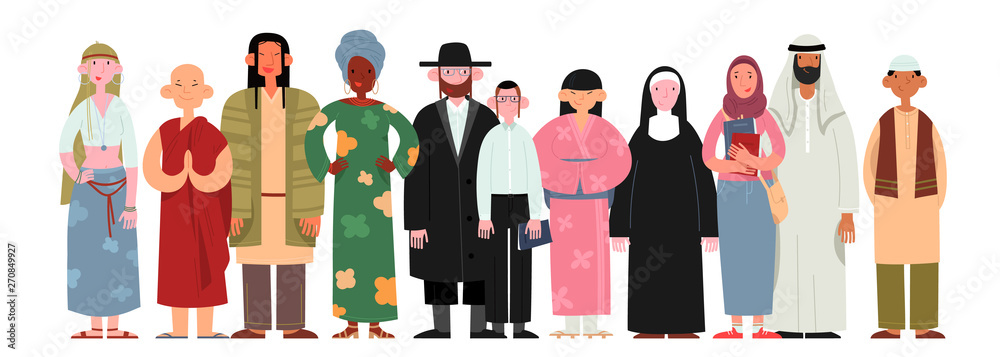 People of different religions and cultures as well as different skin colors standing together on white background. Happy people wearing various national and religious clothing. Vector illustration. - obrazy, fototapety, plakaty 