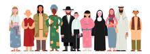 People Of Different Religions And Cultures As Well As Different Skin Colors Standing Together On White Background. Happy People Wearing Various National And Religious Clothing. Vector Illustration.