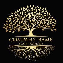 Tree And Roots Logo Illustration. Vector Silhouette Of A Tree. In Gold Color 