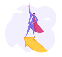 Businessman Superhero Character Standing on the Top of Big Arrow. Leadership, Goal Achievement, Business Success Concept. Man Leader, Winner. Vector flat illustration