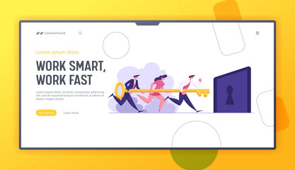  Business Team with Golden Key Running to Unlock the Lock Landing Page. Teamwork, Business Solution, Goal Achievement, Solving Problem Concept Website. Vector flat illustration