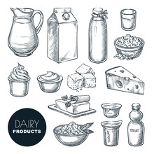 Dairy Farm Fresh Products Set. Vector Hand Drawn Sketch Illustration. Milk Bottle, Cottage Cheese, Yogurt, Butter Icons