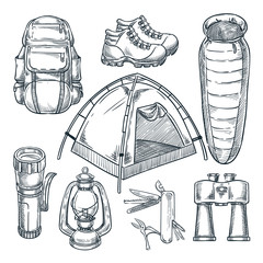 Wall Mural - Camping hike items set. Vector hand drawn sketch illustration. Camp stuff design elements isolated on white background