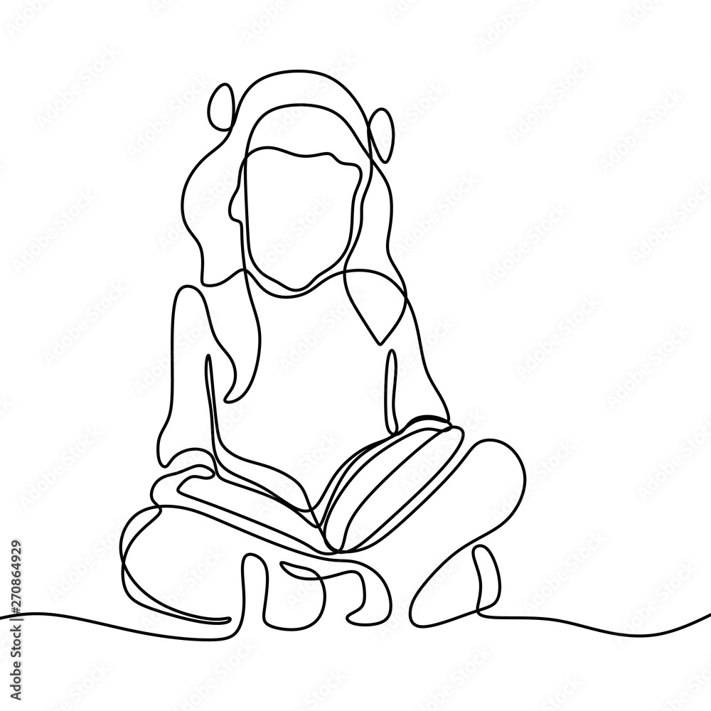 Cute little girl reading book one continuous line drawing Stock Vector ...
