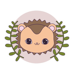 head of cute porcupine in frame circular with crown of leafs