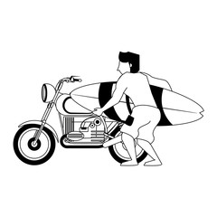 Wall Mural - Young man with surf table and vintage motorcycle in black and white