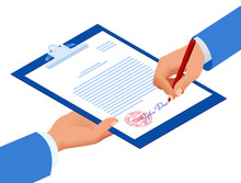 Isometric Signed A Contract With A Stamp. Document With A Signature. The Form Of The Document. Business Financial Agreement Or Contract