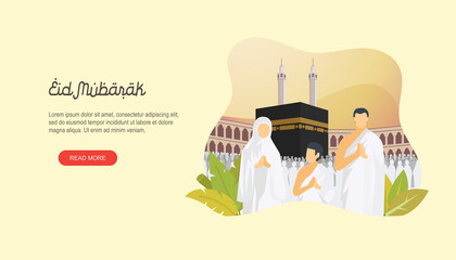 Happy eid mubarak with people character and makkah concept. Hajj or umrah illustration design for Landing page templates, Story board, Book Illustration, Banners, Card Invitation and Social media.