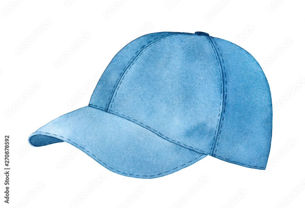Casual baseball cap watercolour illustration. Headwear to stay safe under the summer sun. One single object, navy blue color, side view. Handdrawn graphic painting, cutout clip art element for design. - obrazy, fototapety, plakaty 