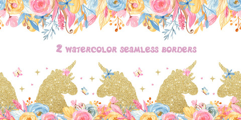 Watercolor seamless border with unicorns, flowers, rainbow, gold. Texture for baby shower, wallpaper, packaging, fabric, nursery, prints.