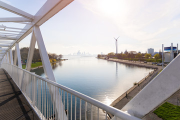 Toronto wind turbine on a lakeshore sunset