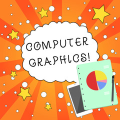 Fototapete - Writing note showing Computer Graphics. Business concept for visual representations of data displayed on a monitor Layout Smartphone Off Ballpoint Notepad Business Pie Chart