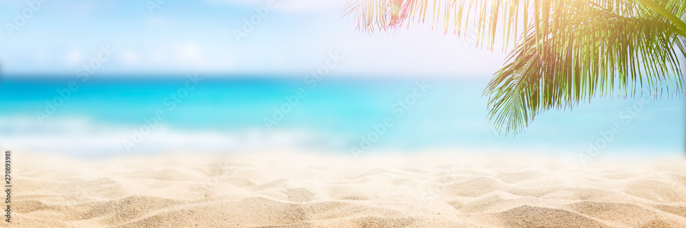  Sunny tropical Caribbean beach with palm trees and turquoise water, caribbean island vacation, hot summer day - obrazy, fototapety, plakaty 