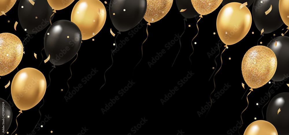 Celebration, festival background with helium balloons. Greeting banner or poster with gold and black realistic 3d vector flying balloons. Celebrate a birthday poster. Happy anniversary card.  - obrazy, fototapety, plakaty 