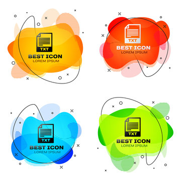 Black TXT file document icon. Download txt button icon isolated. Text file extension symbol. Set of liquid color abstract geometric shapes. Vector Illustration