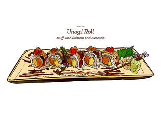 Wall Mural - Japanese traditional food, Unagi roll sushi. Hand draw sketch vector. - Vector