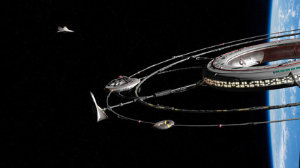 Wall Mural - space station and multiple spaceships in orbit of planet earth (3d science background rendering, ele