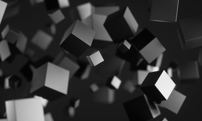 Poster - Abstract 3d rendering of chaotic particles. Scifi cubes in empty space. Futuristic background. 3D rendering - Illustration