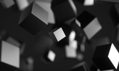 Poster - Abstract 3d rendering of chaotic particles. Scifi cubes in empty space. Futuristic background. 3D rendering - Illustration