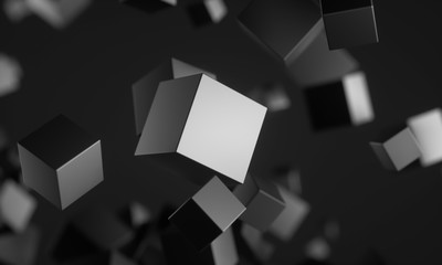 Poster - Abstract 3d rendering of chaotic particles. Scifi cubes in empty space. Futuristic background. 3D rendering - Illustration