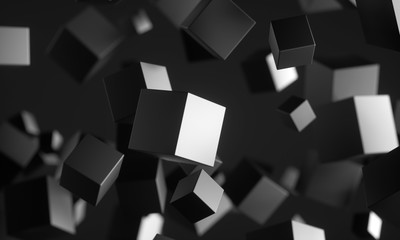 Poster - Abstract 3d rendering of chaotic particles. Scifi cubes in empty space. Futuristic background. 3D rendering - Illustration
