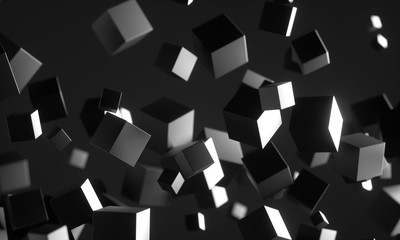 Poster - Abstract 3d rendering of chaotic particles. Scifi cubes in empty space. Futuristic background. 3D rendering - Illustration