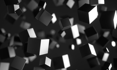 Poster - Abstract 3d rendering of chaotic particles. Scifi cubes in empty space. Futuristic background. 3D rendering - Illustration