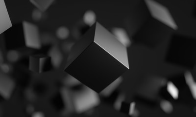Poster - Abstract 3d rendering of chaotic particles. Scifi cubes in empty space. Futuristic background. 3D rendering - Illustration