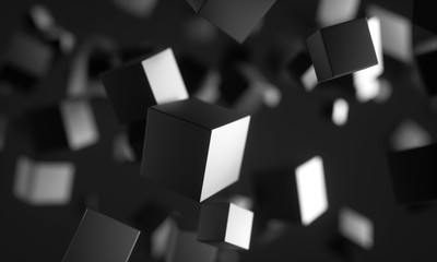 Poster - Abstract 3d rendering of chaotic particles. Scifi cubes in empty space. Futuristic background. 3D rendering - Illustration